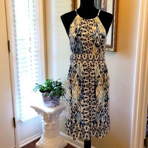 London Times shades of blue gray white print stretch fitted waist dress 4 EUC …